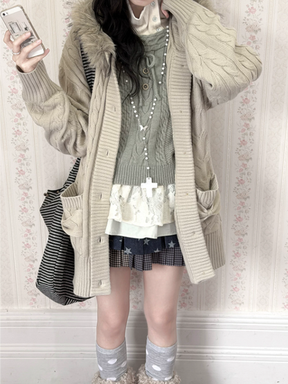 KYOUKO - Leaf Green Knit Top, White Ribbed Tee & Denim Blue Polka-Dot Skirt Set
