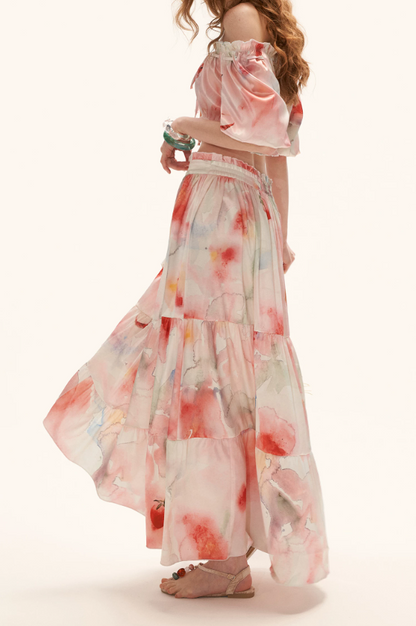 MAMC - "Watercolor Fruit Mood" Off-Shoulder Top & Ruffle Skirt Set WE945