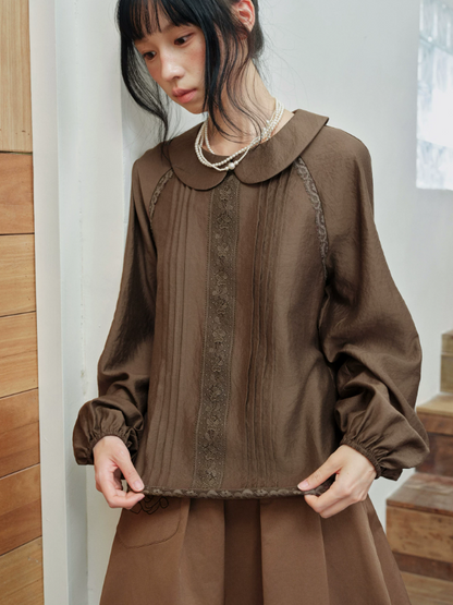 DAILY ARTIST - Tea Brown Vintage Lace Doll-Collar Blouse