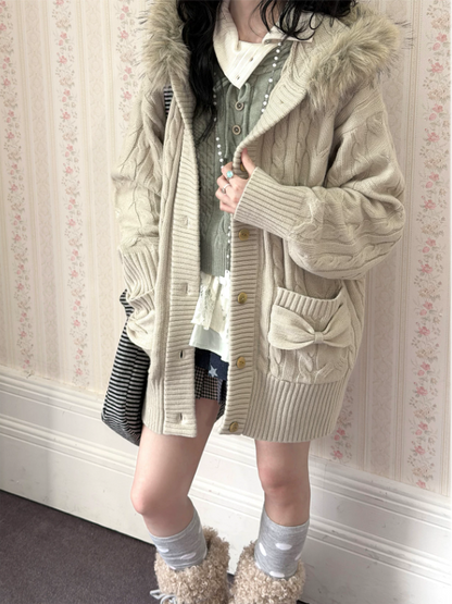 KYOUKO - Leaf Green Knit Top, White Ribbed Tee & Denim Blue Polka-Dot Skirt Set