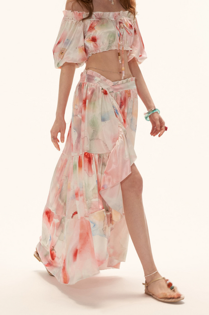 MAMC - "Watercolor Fruit Mood" Off-Shoulder Top & Ruffle Skirt Set WE945