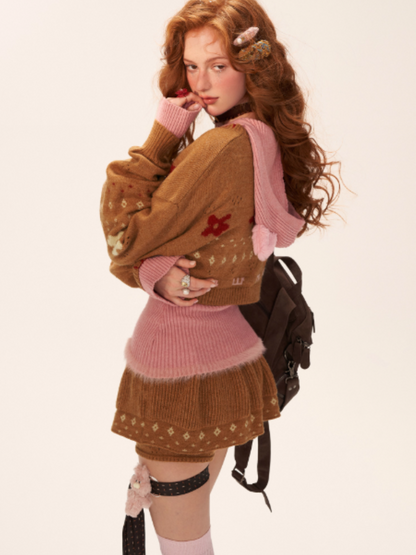 Star & Floral Knit Crop Sweater + Skort Set WE770 (Caramel Brown)