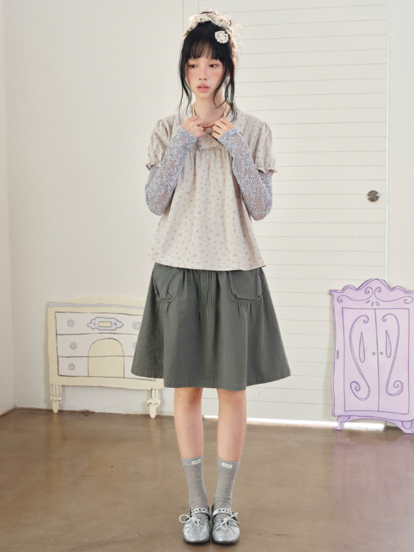 DAILY ARTIST - “Blue Letters of Memory” Gray Blue Floral Faux-Layer Lace Knit Top