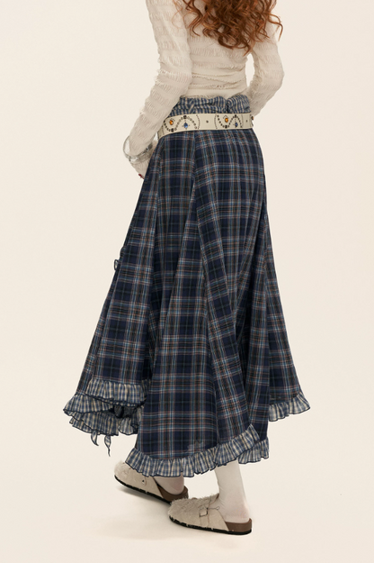 MAMC - Asymmetrical Plaid Maxi Skirt with Ruffle Hem (Blue)