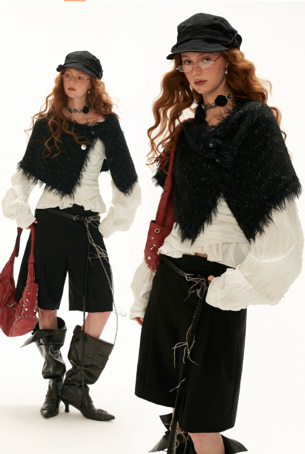 MAMC - Textured Two-Way Knit Scarf & Shawl with Long-Hair Fringe (Black / White)
