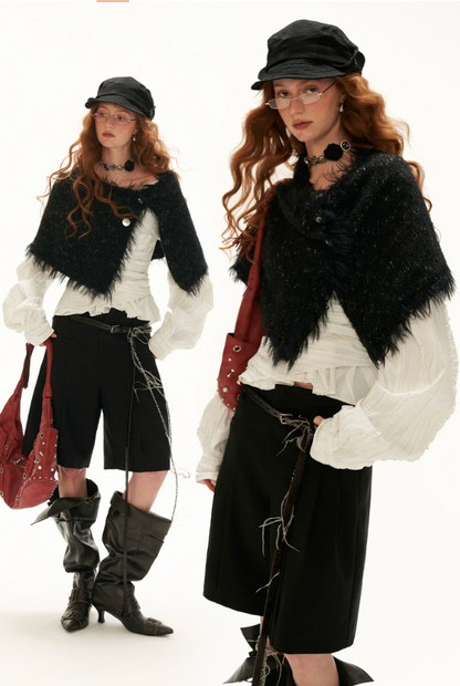 MAMC - Textured Two-Way Knit Scarf & Shawl with Long-Hair Fringe (Black / White)