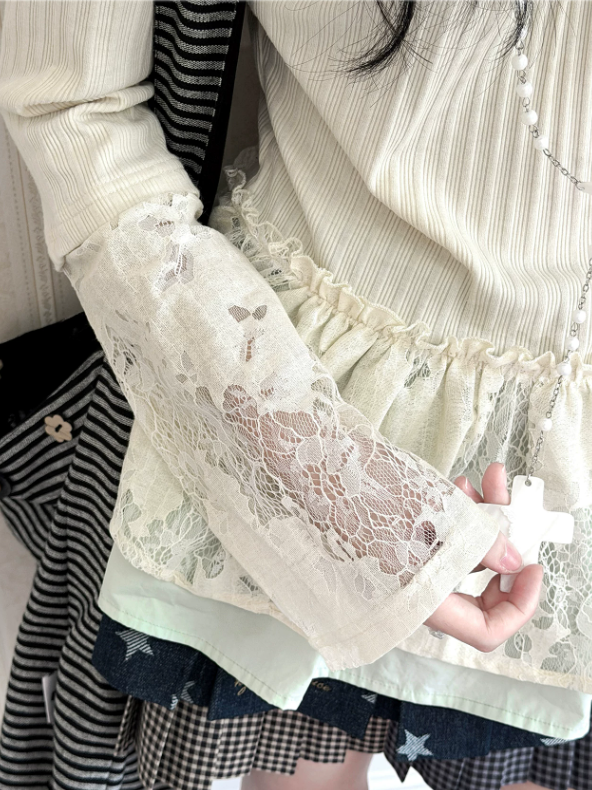 KYOUKO - Leaf Green Knit Top, White Ribbed Tee & Denim Blue Polka-Dot Skirt Set