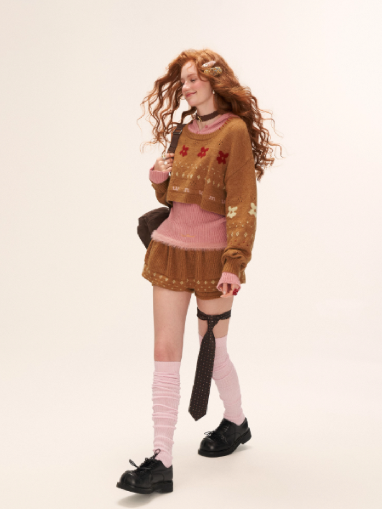 Star & Floral Knit Crop Sweater + Skort Set WE770 (Caramel Brown)