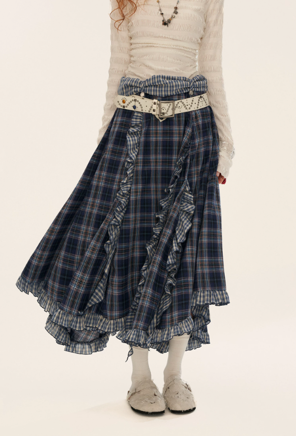 MAMC - Asymmetrical Plaid Maxi Skirt with Ruffle Hem (Blue)