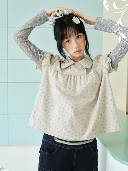 DAILY ARTIST - “Blue Letters of Memory” Gray Blue Floral Faux-Layer Lace Knit Top