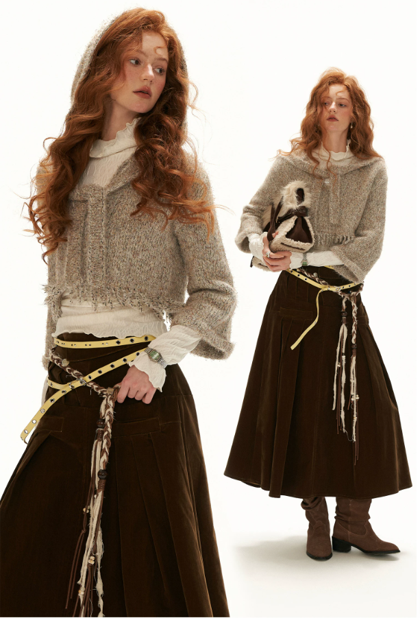 MAMC - Khaki Textured Hooded Knit Sweater with Flare Sleeves