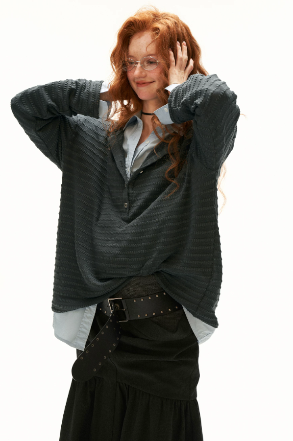 MAMC - Gray Textured Sheer Henley Long Sleeve Top