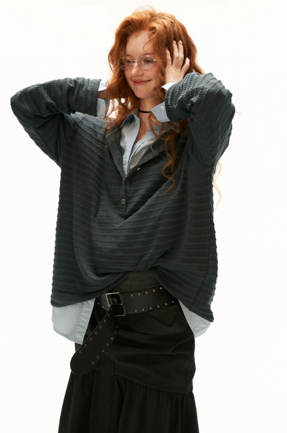 MAMC - Gray Textured Sheer Henley Long Sleeve Top