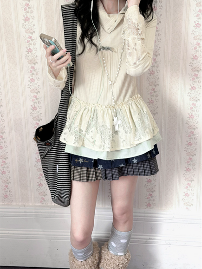 KYOUKO - Leaf Green Knit Top, White Ribbed Tee & Denim Blue Polka-Dot Skirt Set