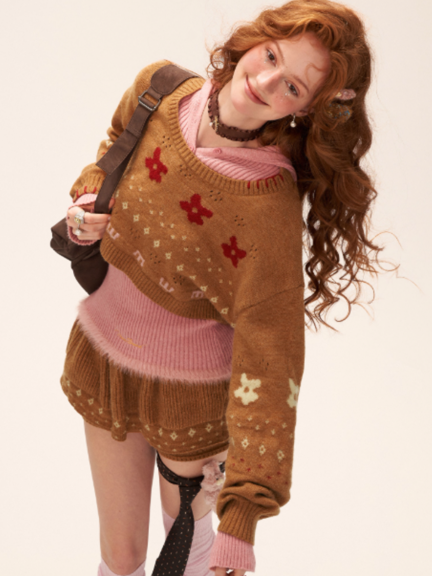 Star & Floral Knit Crop Sweater + Skort Set WE770 (Caramel Brown)