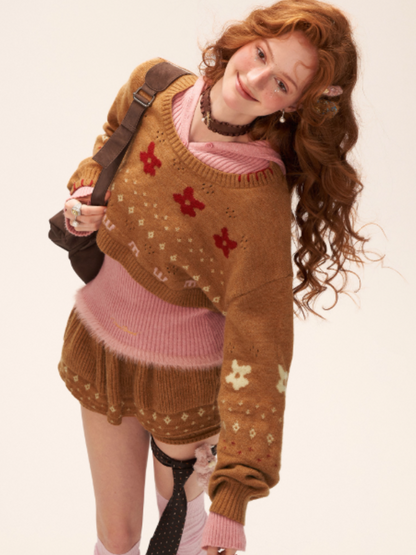 Star & Floral Knit Crop Sweater + Skort Set WE770 (Caramel Brown)