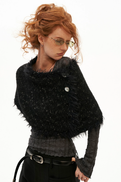 MAMC - Textured Two-Way Knit Scarf & Shawl with Long-Hair Fringe (Black / White)