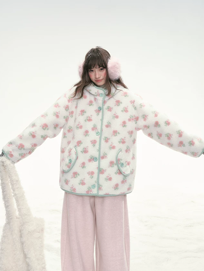 CANSTORE - Pink Floral Sherpa Hooded Jacket with Quilted Padding