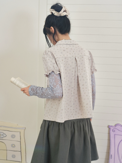 DAILY ARTIST - “Blue Letters of Memory” Gray Blue Floral Faux-Layer Lace Knit Top