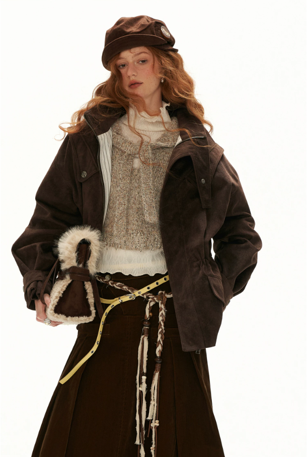 MAMC - Khaki Textured Hooded Knit Sweater with Flare Sleeves