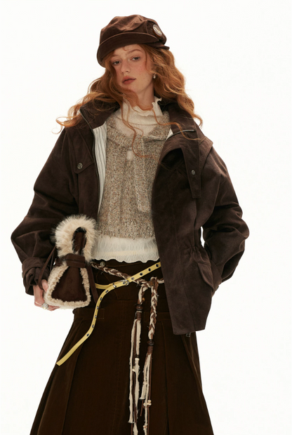 MAMC - Khaki Textured Hooded Knit Sweater with Flare Sleeves