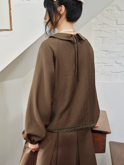 DAILY ARTIST - Tea Brown Vintage Lace Doll-Collar Blouse