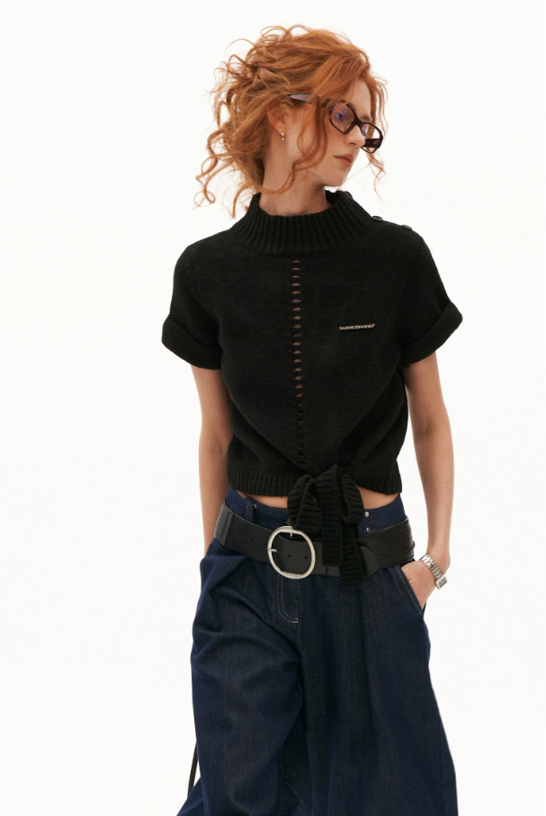 MAMC - Soft Wool-Blend Tie-Waist Cutout Knit Sweater (Red / Black)