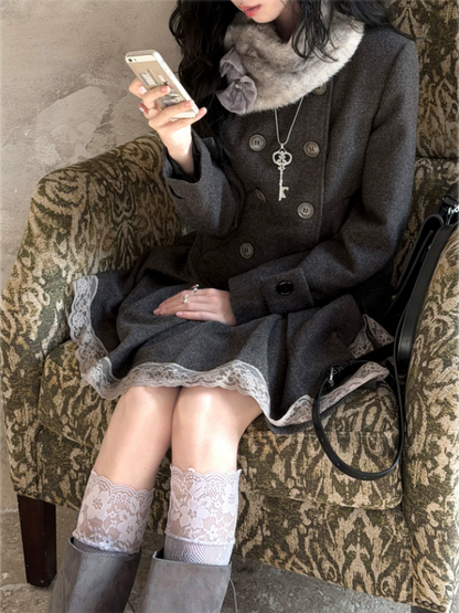 KYOUKO - Gray Deer-Pattern Coat Dress with Detachable Faux-Fur Collar