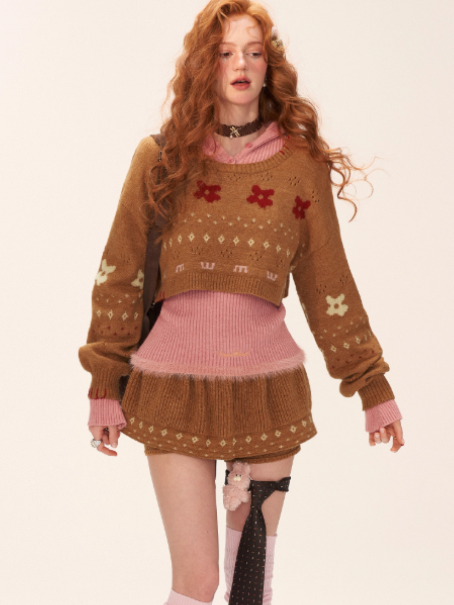 Star & Floral Knit Crop Sweater + Skort Set WE770 (Caramel Brown)