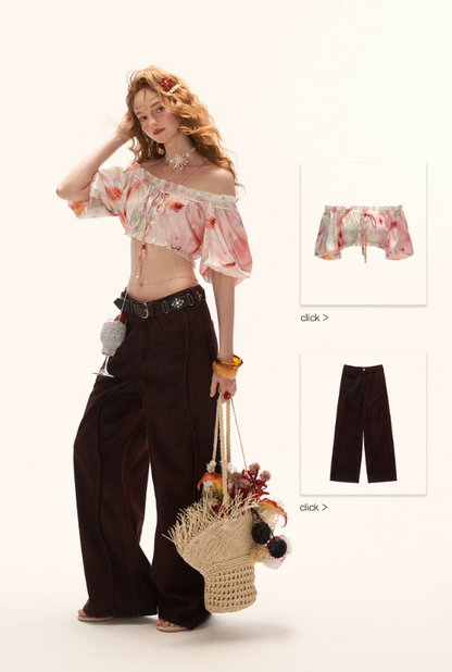 MAMC - "Watercolor Fruit Mood" Off-Shoulder Top & Ruffle Skirt Set WE945