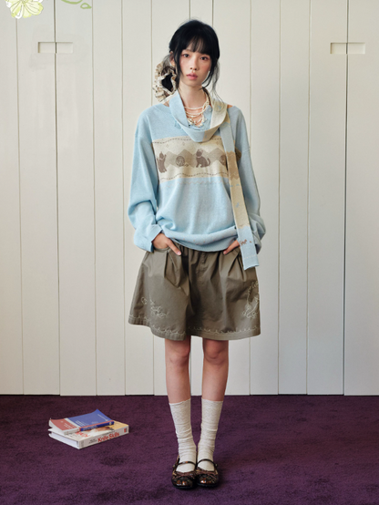 DAILY ARTIST - Light Blue Cat & Yarn Ball Henley Knit Pullover (With Matching Scarf)