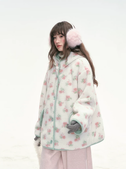 CANSTORE - Pink Floral Sherpa Hooded Jacket with Quilted Padding