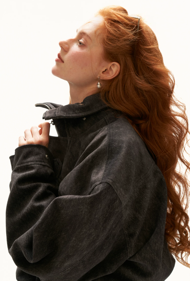 MAMC - Gray Faux-Horsehair Textured Cropped Jacket with Metal Snap Collar