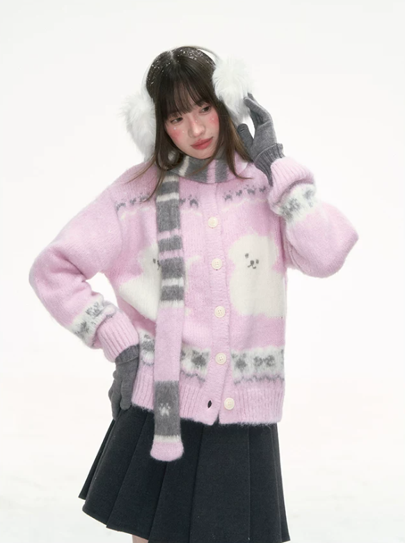 [CAN] Pink Cat Jacquard Knit Cardigan with Bow & Bell Details (With Coordinating Scarf)