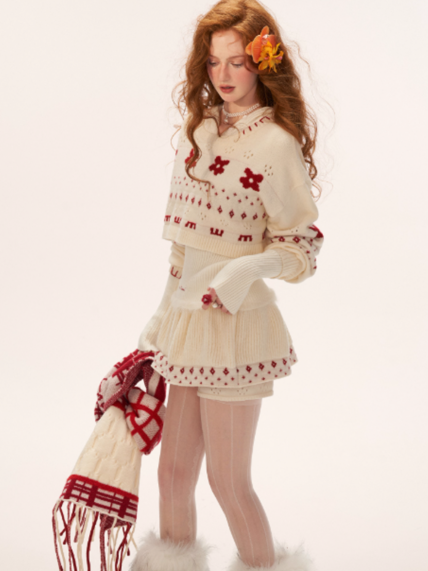 Star & Floral Knit Crop Sweater + Skort Set WE770 (Cream White)
