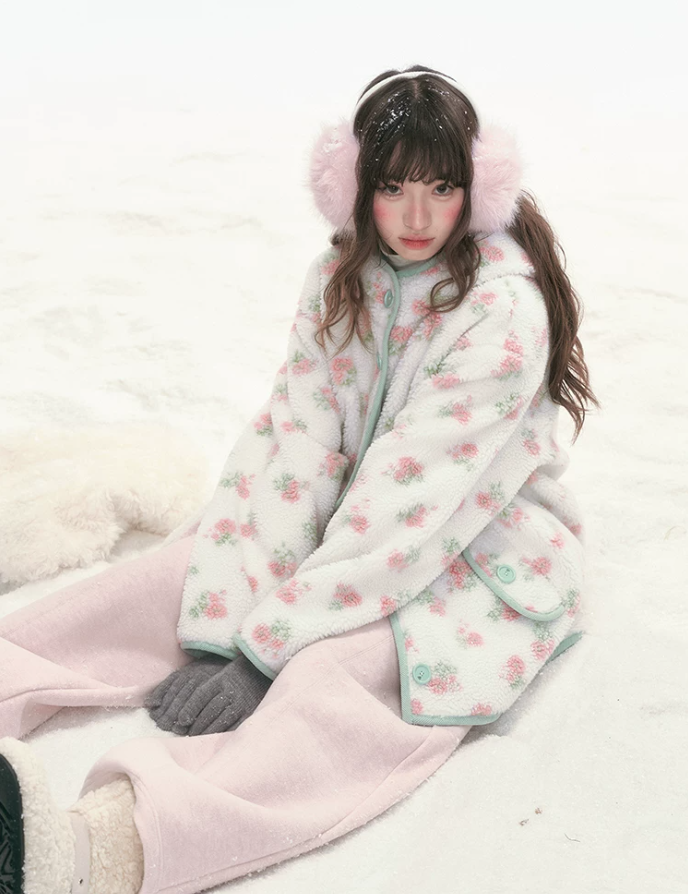 CANSTORE - Pink Floral Sherpa Hooded Jacket with Quilted Padding