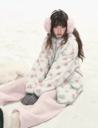CANSTORE - Pink Floral Sherpa Hooded Jacket with Quilted Padding