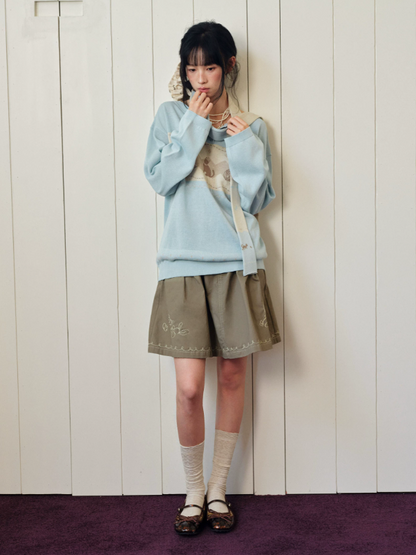 DAILY ARTIST - Light Blue Cat & Yarn Ball Henley Knit Pullover (With Matching Scarf)
