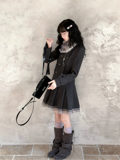 KYOUKO - Gray Deer-Pattern Coat Dress with Detachable Faux-Fur Collar
