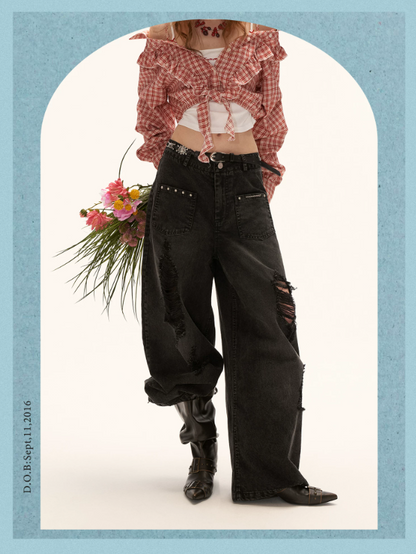 "Street Rebel Mood" Distressed Black Straight-Leg Jeans WE932