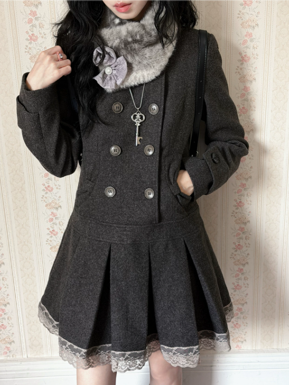 KYOUKO - Gray Deer-Pattern Coat Dress with Detachable Faux-Fur Collar