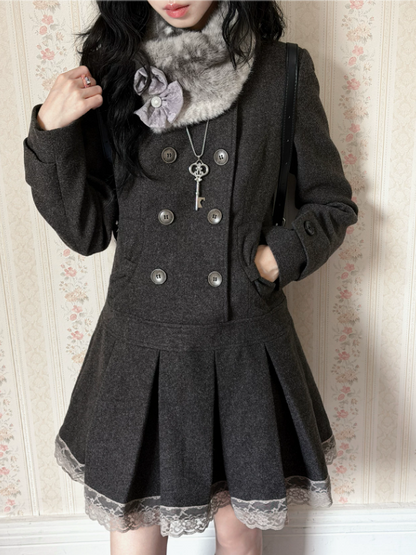 KYOUKO - Gray Deer-Pattern Coat Dress with Detachable Faux-Fur Collar