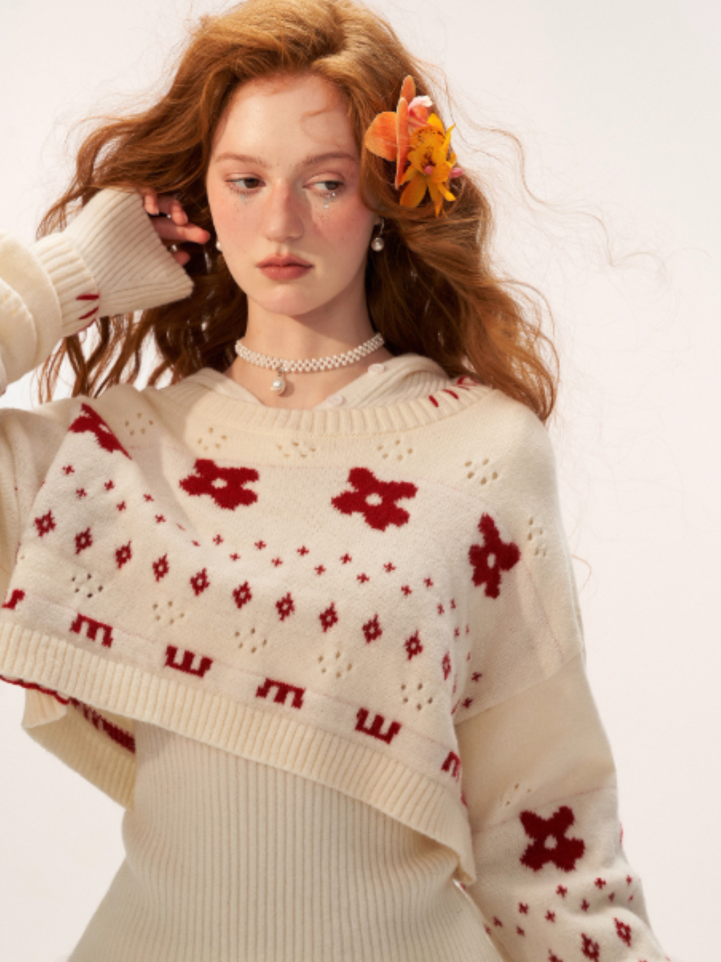 Star & Floral Knit Crop Sweater + Skort Set WE770 (Cream White)