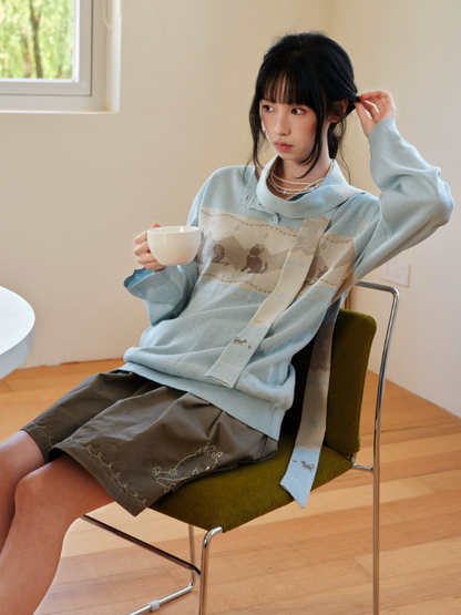 DAILY ARTIST - Light Blue Cat & Yarn Ball Henley Knit Pullover (With Matching Scarf)