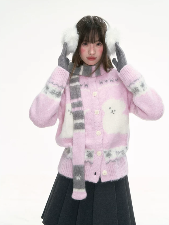 [CAN] Pink Cat Jacquard Knit Cardigan with Bow & Bell Details (With Coordinating Scarf)