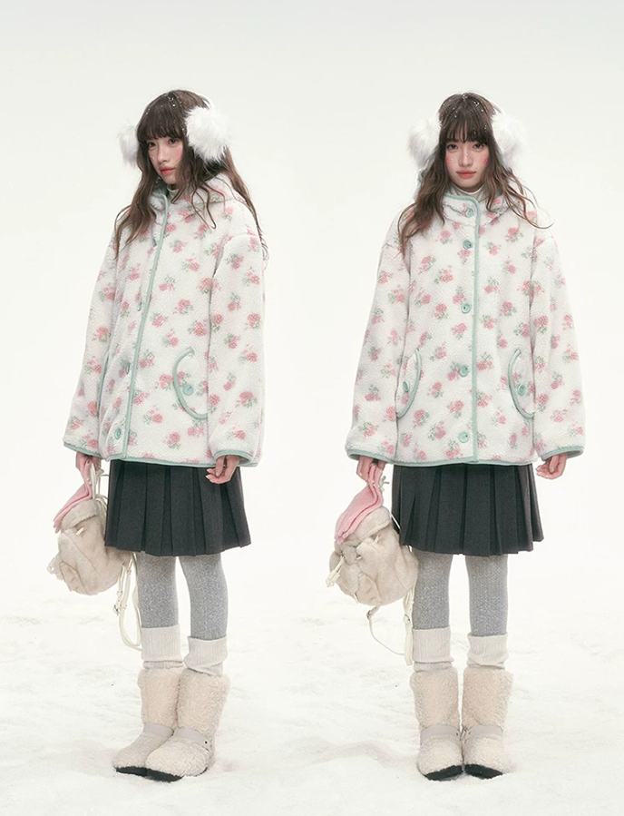 CANSTORE - Pink Floral Sherpa Hooded Jacket with Quilted Padding