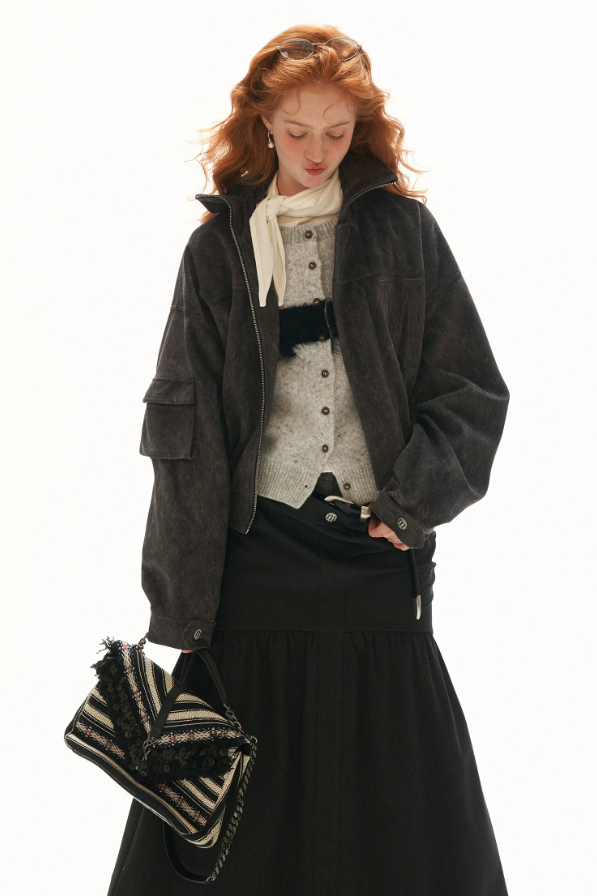 MAMC - Gray Faux-Horsehair Textured Cropped Jacket with Metal Snap Collar