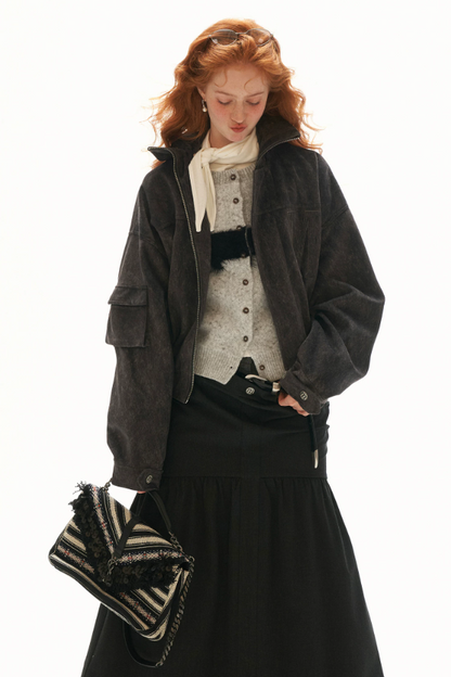 MAMC - Gray Faux-Horsehair Textured Cropped Jacket with Metal Snap Collar