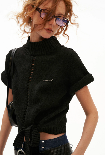 MAMC - Soft Wool-Blend Tie-Waist Cutout Knit Sweater (Red / Black)