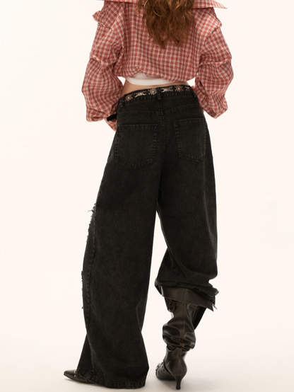 "Street Rebel Mood" Distressed Black Straight-Leg Jeans WE932